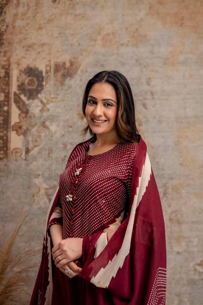 Maroon Cotton Kurta Set with Printed Yoke & Dupatta – Elegant Ethnic Wear