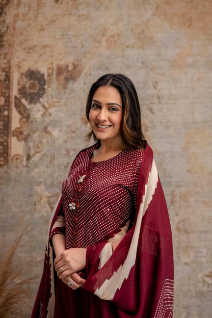 Maroon Cotton Kurta Set with Printed Yoke & Dupatta – Elegant Ethnic Wear