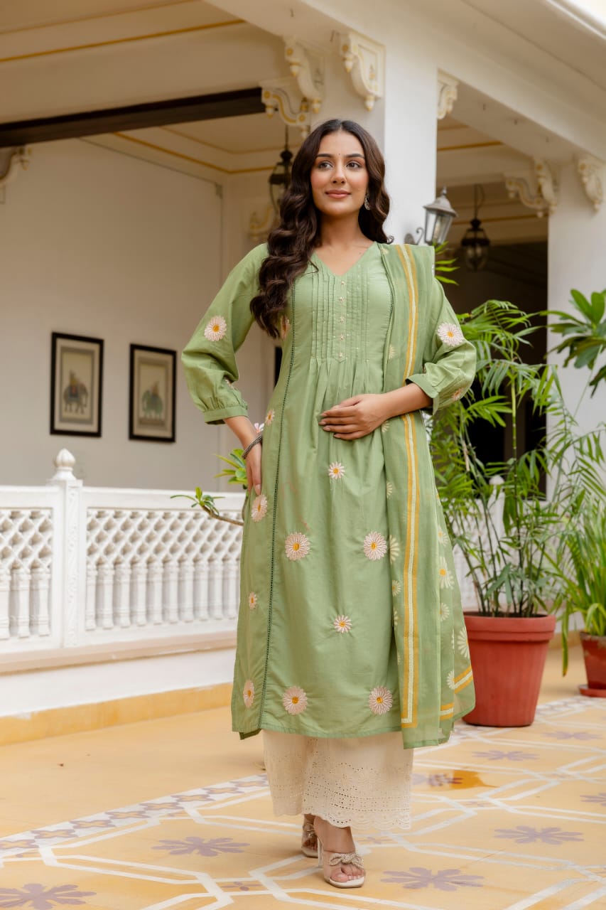 Light Olive Green Cotton Embroidered Suit Set with Floral Dupatta
