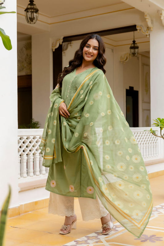 Light Olive Green Cotton Embroidered Suit Set with Floral Dupatta