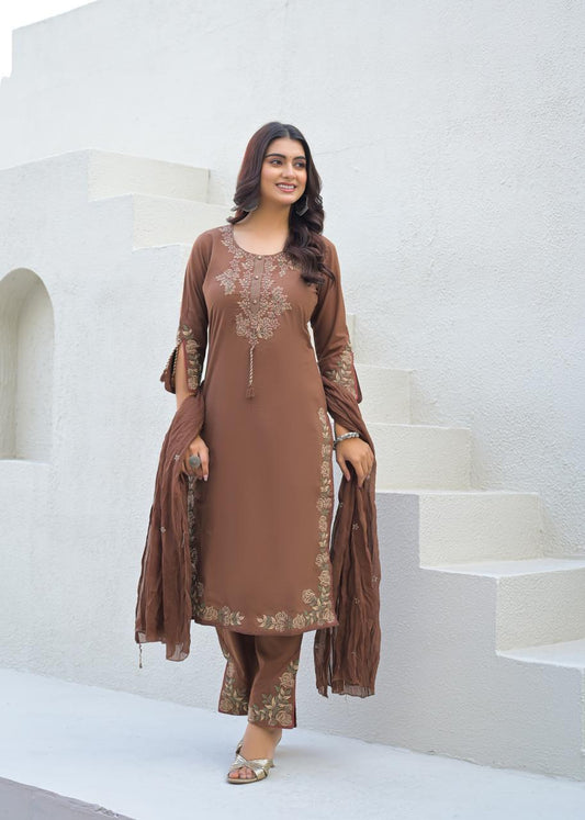 Coffee Brown Cotton Suit Set with Embroidered Floral Motifs