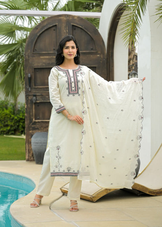 White Cotton Embroidered Suit Set with Contrast Detailing – Elegant Daily & Festive Wear