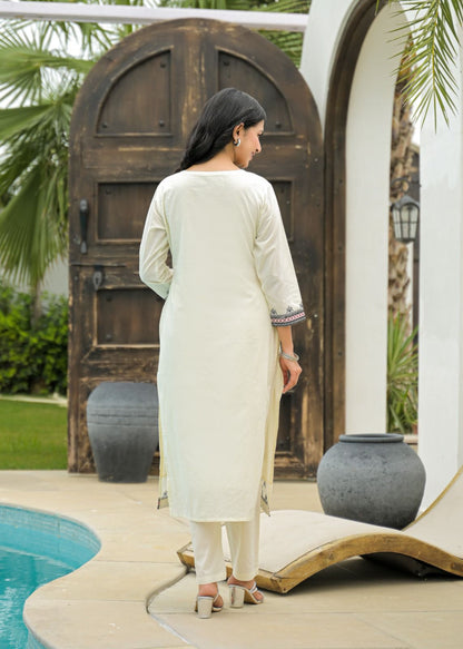 White Cotton Embroidered Suit Set with Contrast Detailing – Elegant Daily & Festive Wear