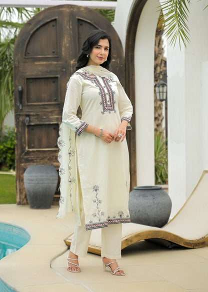 White Cotton Embroidered Suit Set with Contrast Detailing – Elegant Daily & Festive Wear