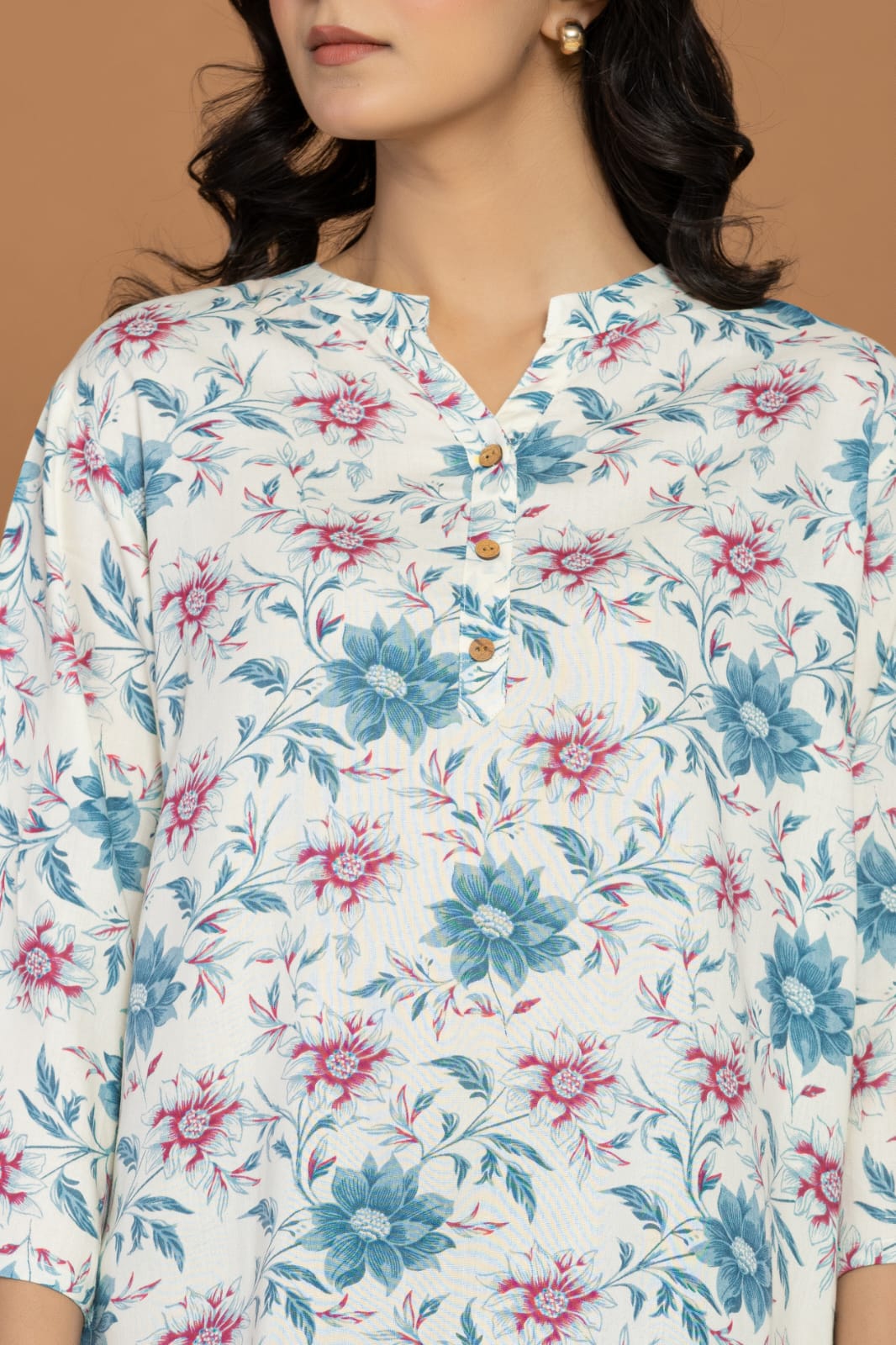 White Soft Cotton Top with Blue & Pink Floral Print