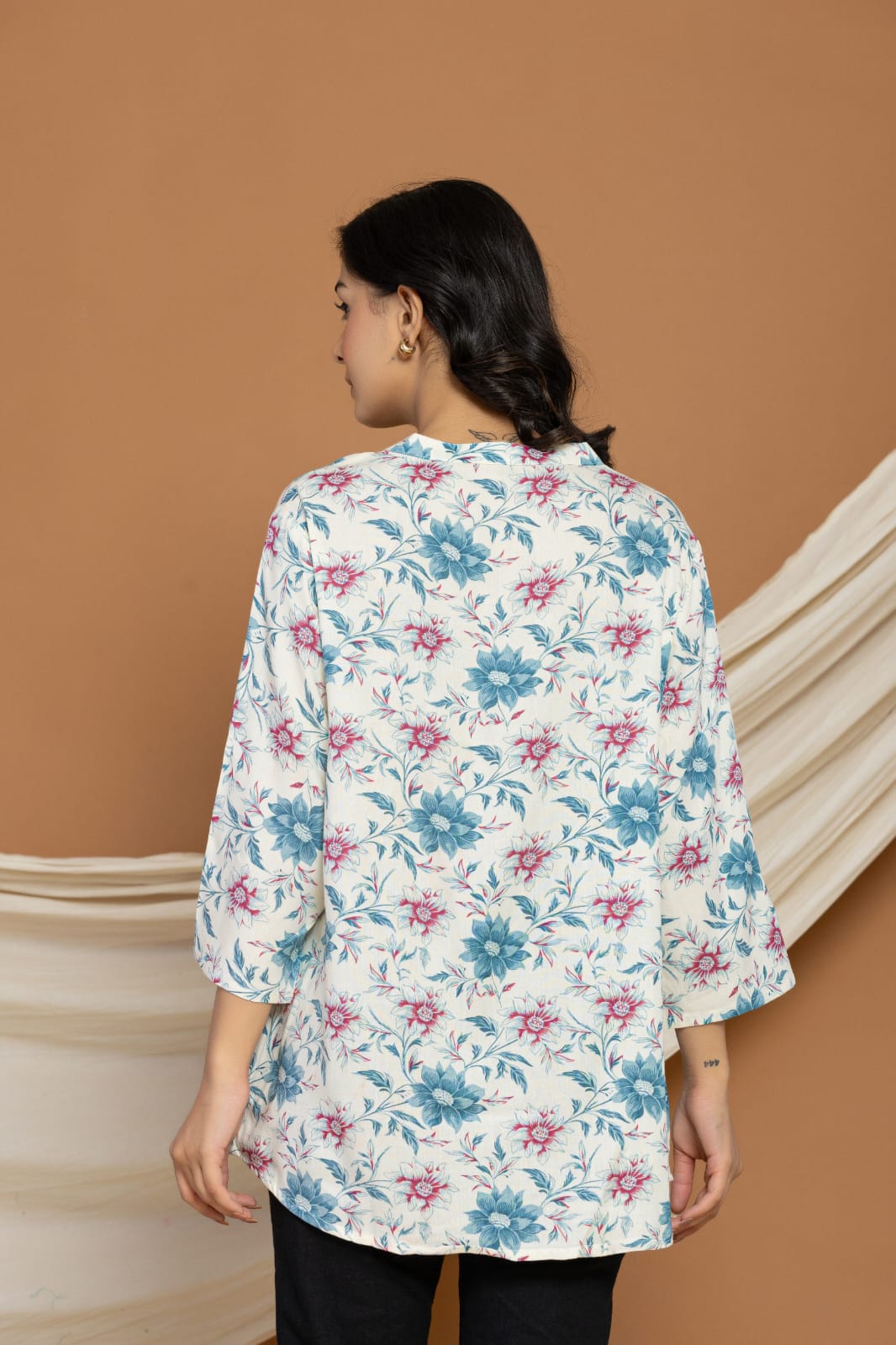 White Soft Cotton Top with Blue & Pink Floral Print
