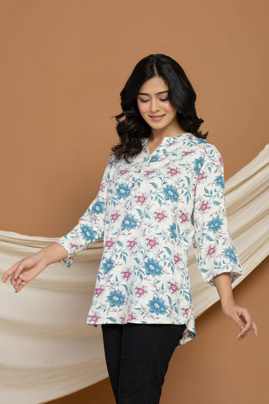 White Soft Cotton Top with Blue & Pink Floral Print
