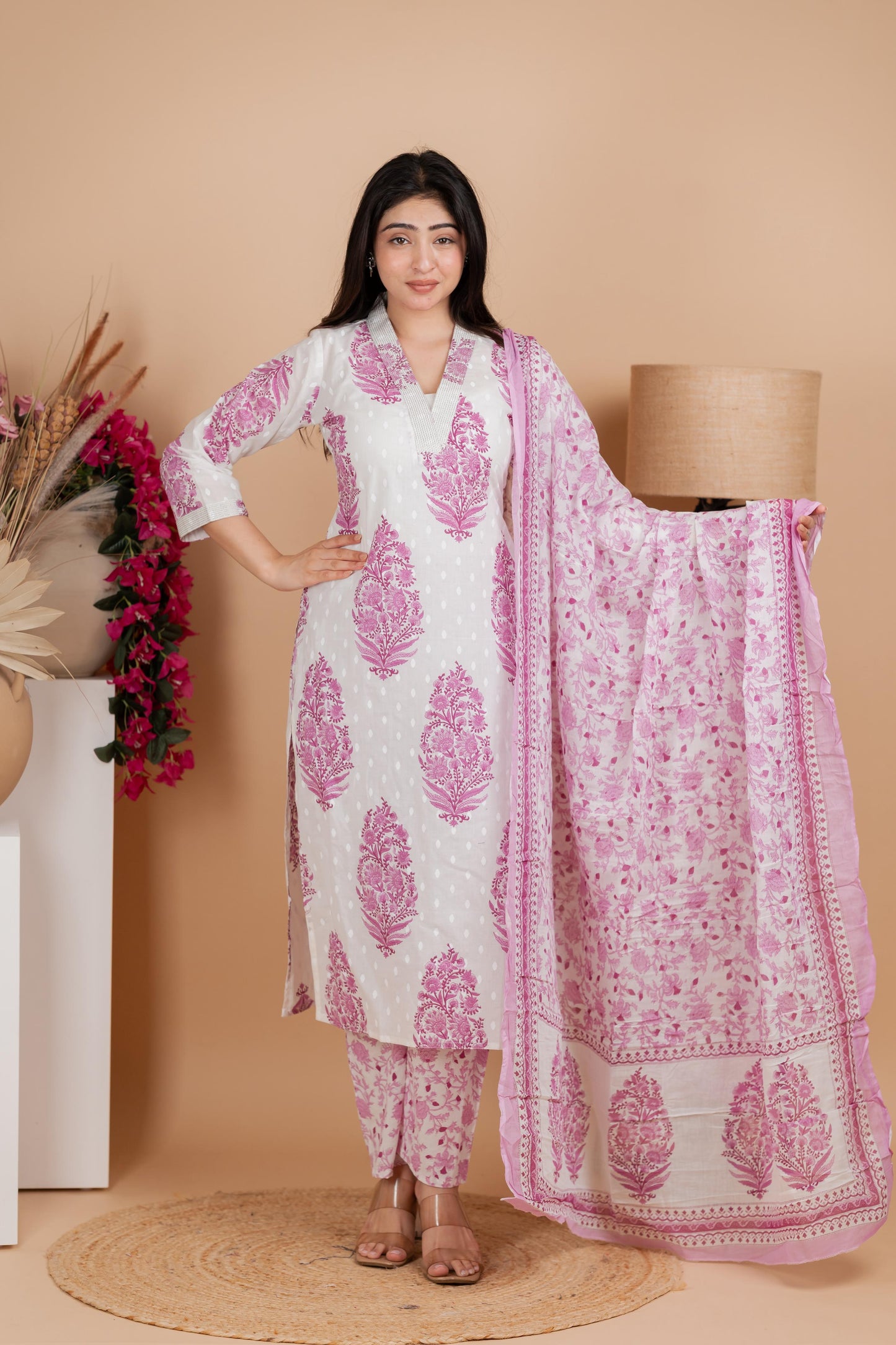 White & Pink Pure Cotton Suit Set – Festive & Daily Wear