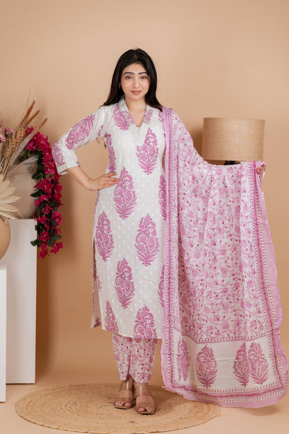 White & Pink Pure Cotton Suit Set – Festive & Daily Wear