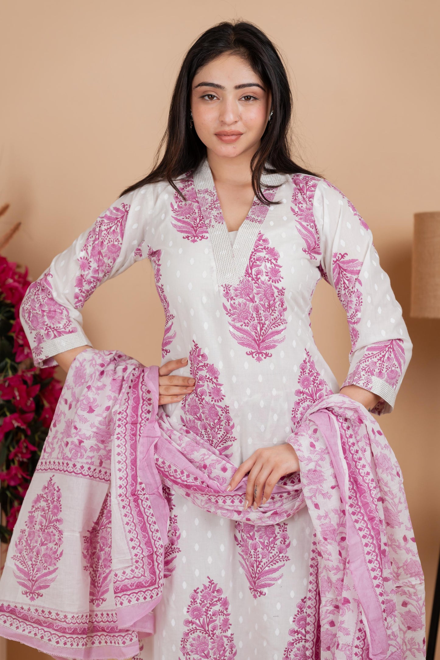 White & Pink Pure Cotton Suit Set – Festive & Daily Wear