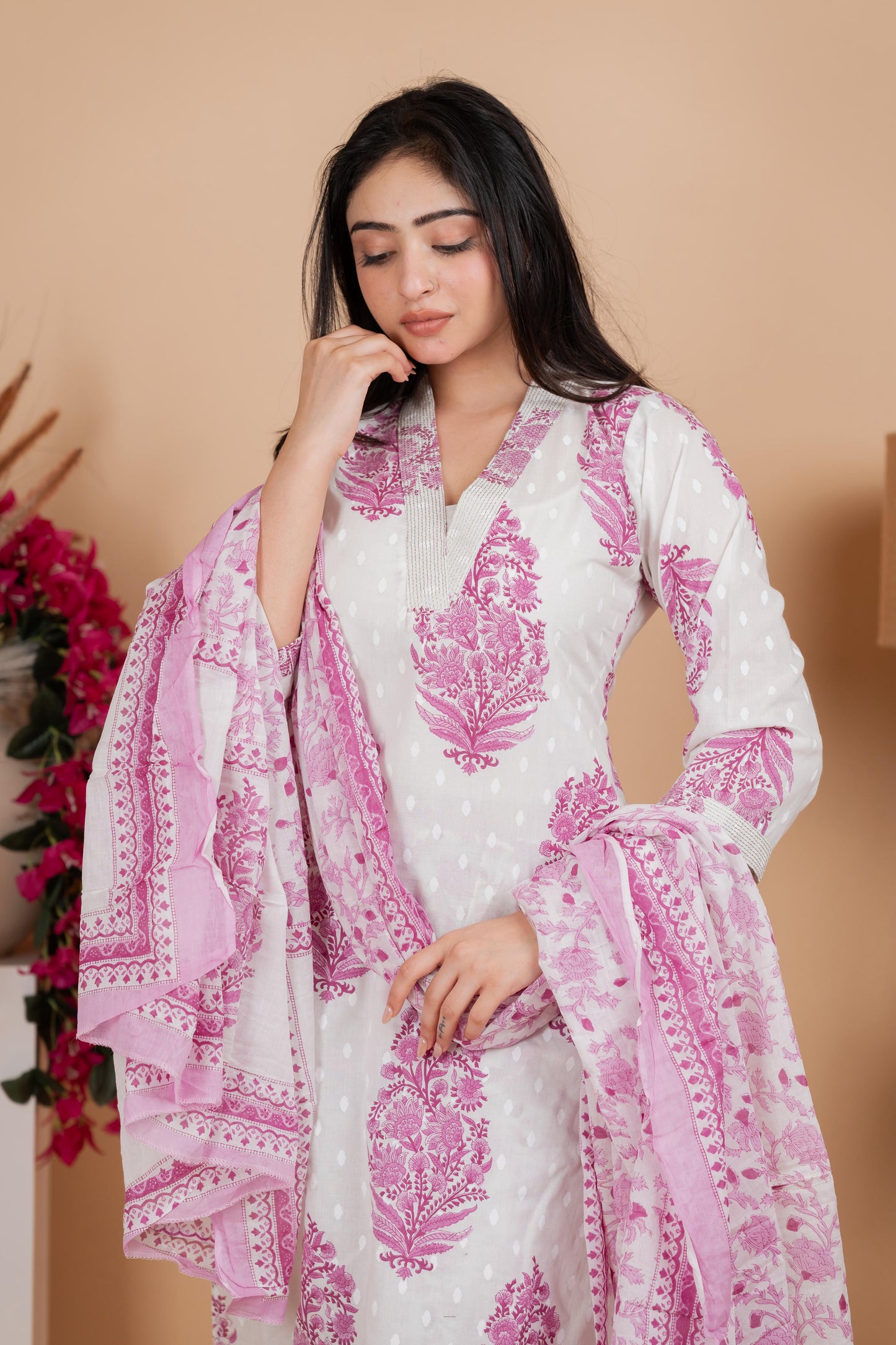 White & Pink Pure Cotton Suit Set – Festive & Daily Wear