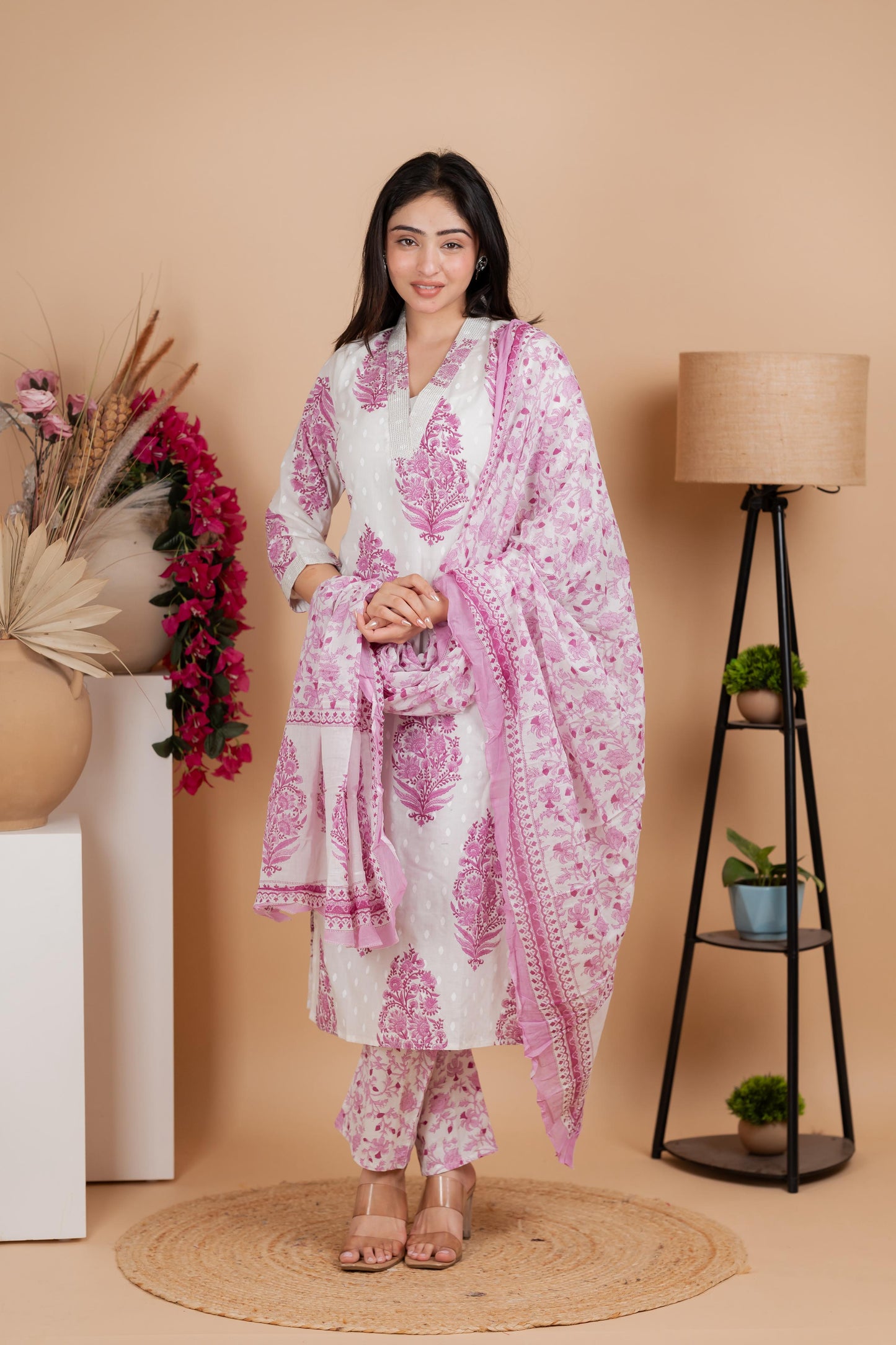 White & Pink Pure Cotton Suit Set – Festive & Daily Wear