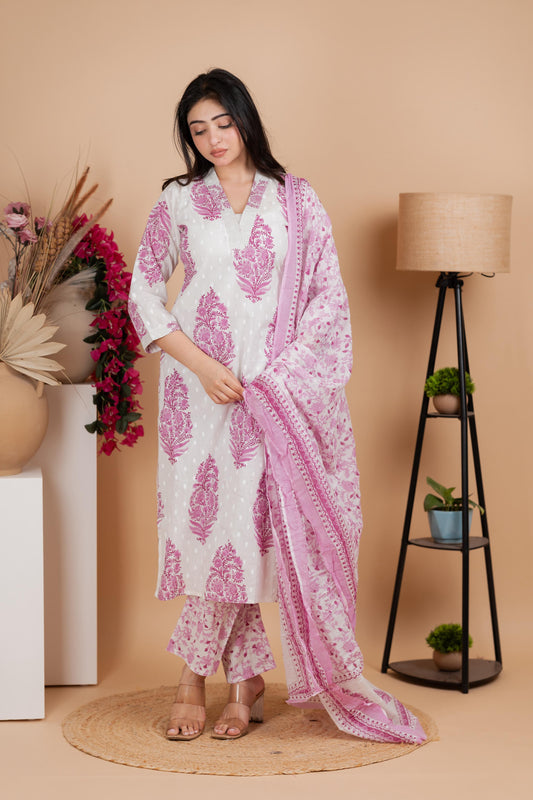 White & Pink Pure Cotton Suit Set – Festive & Daily Wear