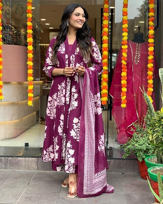 Wine Cotton Ethnic Set with Dupatta