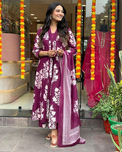 Wine Cotton Ethnic Set with Dupatta