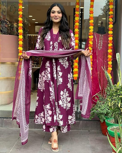 Wine Cotton Ethnic Set with Dupatta