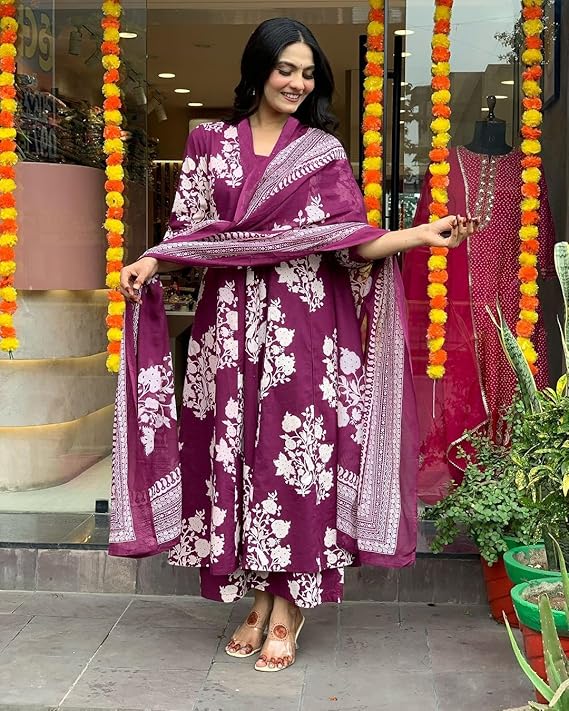 Wine Cotton Ethnic Set with Dupatta