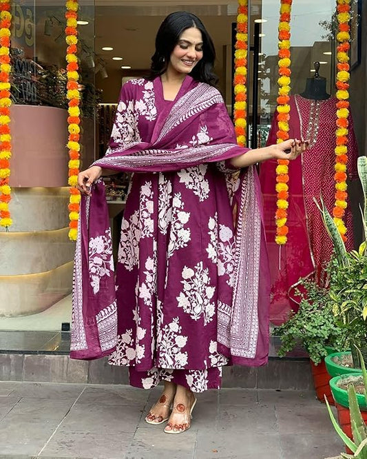 Wine Cotton Ethnic Set with Dupatta