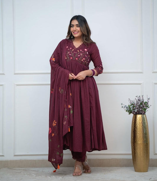 Wine Cotton Embroidered Anarkali Suit Set for Women with Dupatta