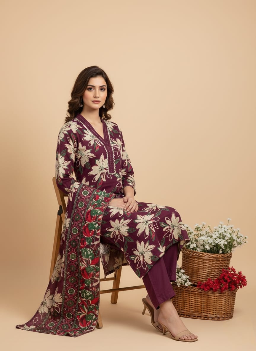 Wine Cotton Suit Set with Bold White Floral Prints – Office & Festive Wear