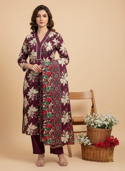 Wine Cotton Suit Set with Bold White Floral Prints – Office & Festive Wear