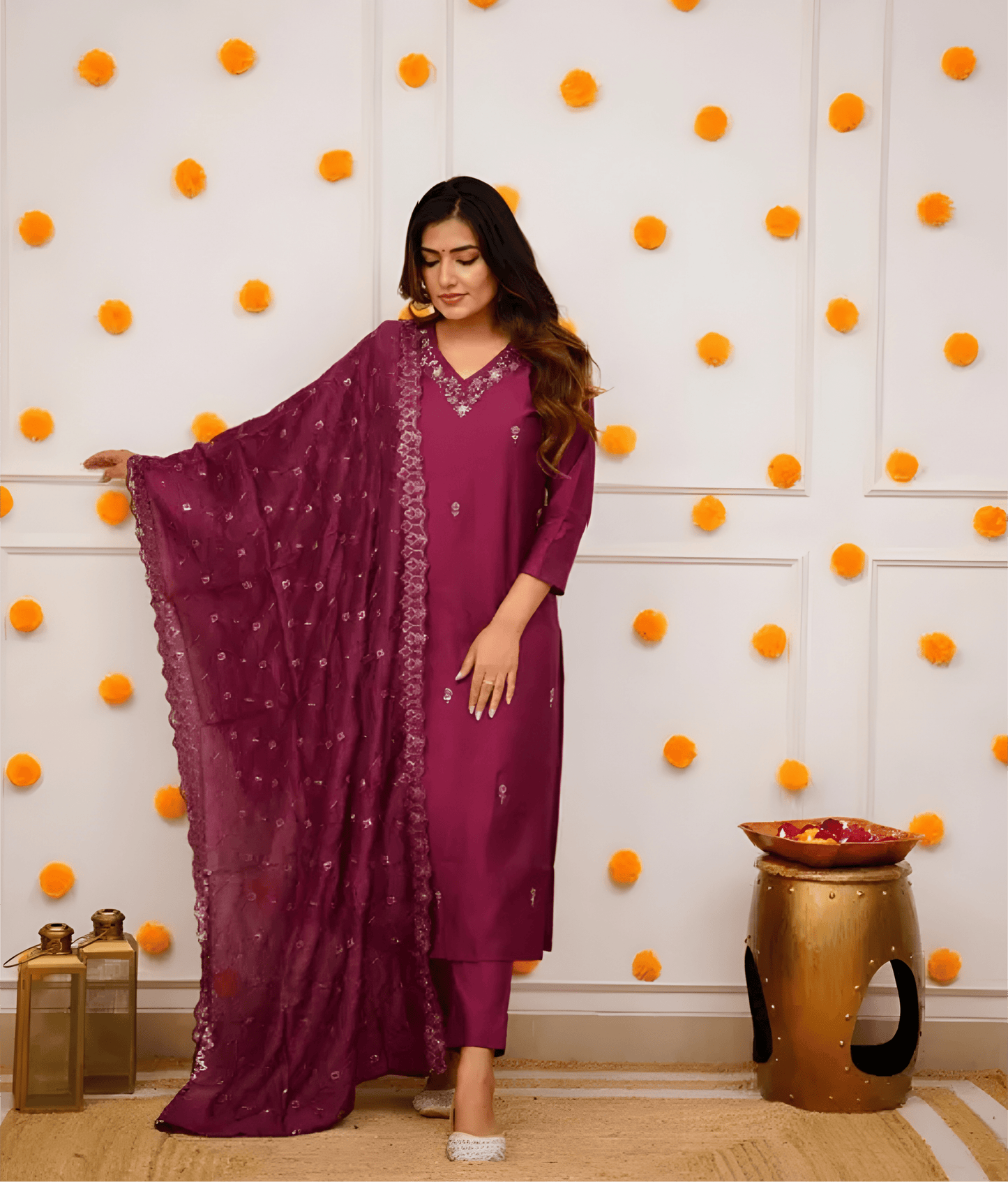 Wine Purple Viscose Suit Set with Delicate Thread Embroidery