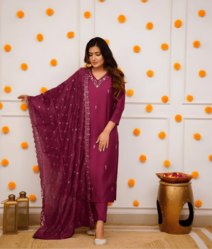 Wine Purple Viscose Suit Set with Delicate Thread Embroidery