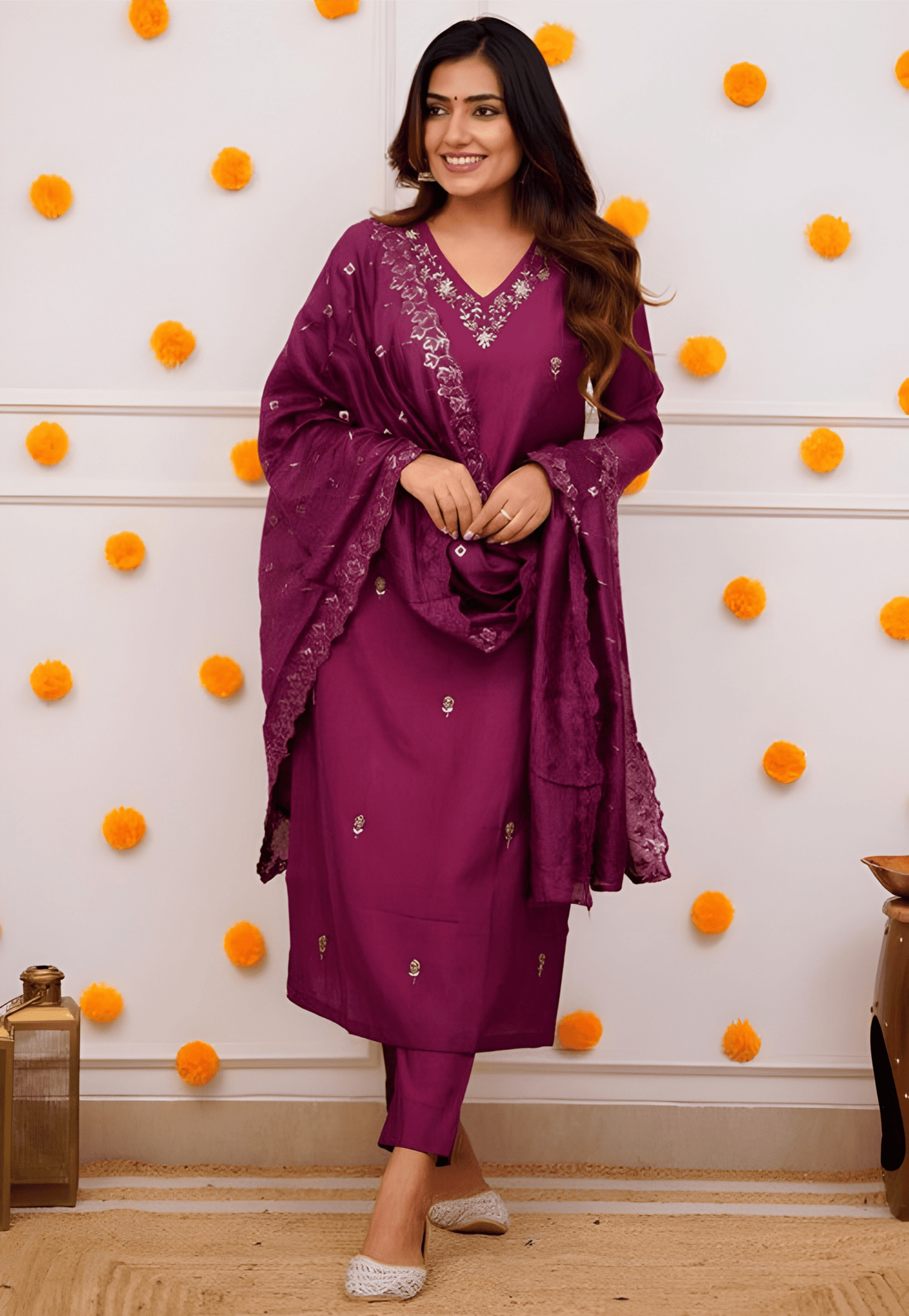 Wine Purple Viscose Suit Set with Delicate Thread Embroidery