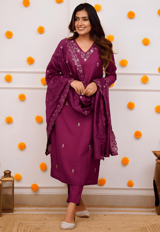 Wine Purple Viscose Suit Set with Delicate Thread Embroidery