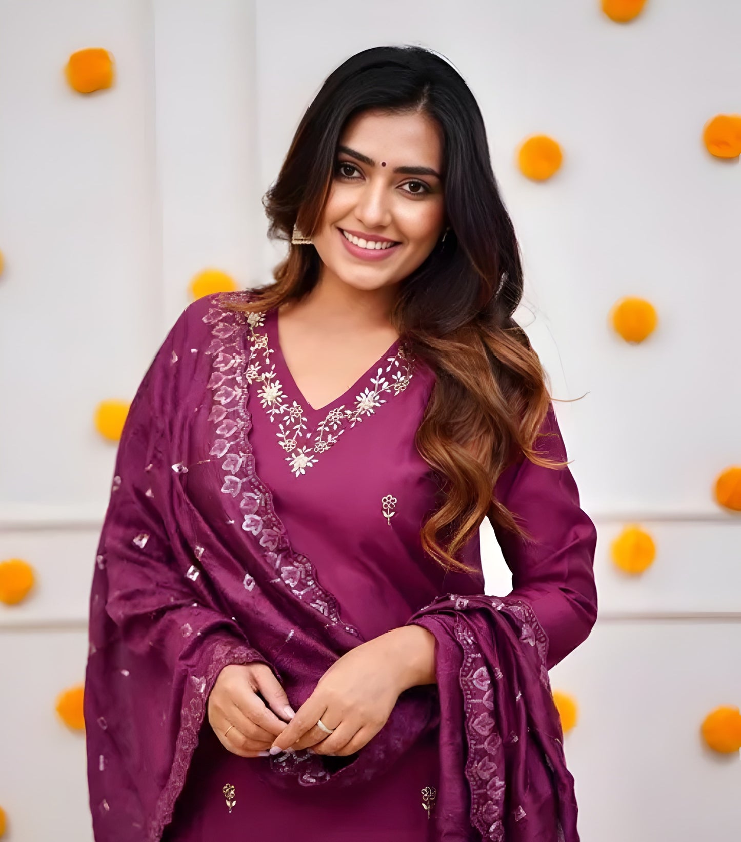 Wine Purple Viscose Suit Set with Delicate Thread Embroidery