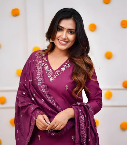 Wine Purple Viscose Suit Set with Delicate Thread Embroidery