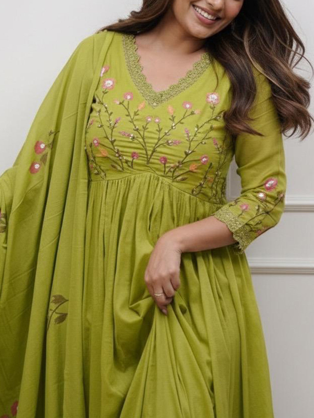 Lime Green Cotton Embroidered Anarkali Suit Set for Women with Dupatta