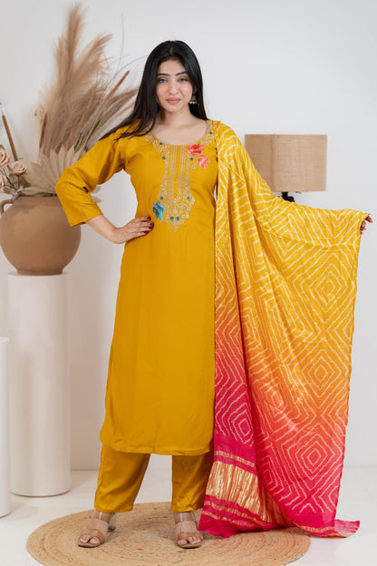 Yellow Pure Gaji Silk Suit Set for Women – Luxurious & Breathable