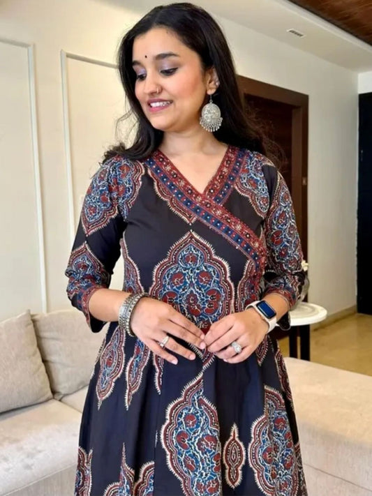 Black Cotton Anarkali Set with Traditional Block Print – Daily & Office Wear
