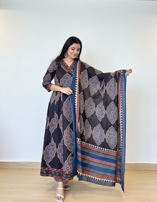 Black Cotton Anarkali Set with Traditional Block Print – Daily & Office Wear