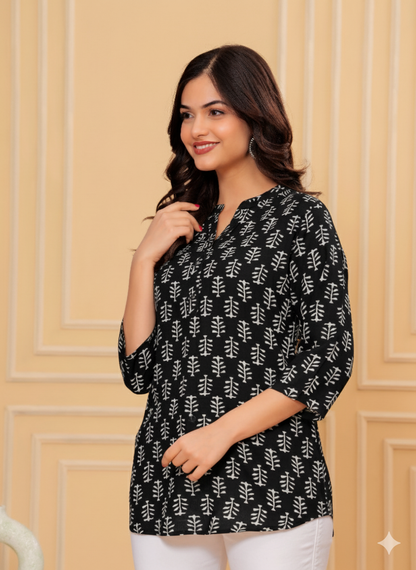 Black Cotton Printed Top – Everyday & Office Wear