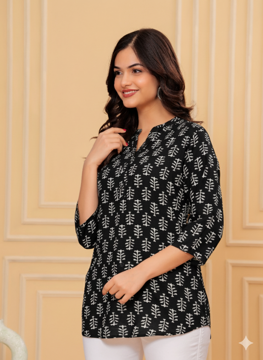 Black Cotton Printed Top – Everyday & Office Wear