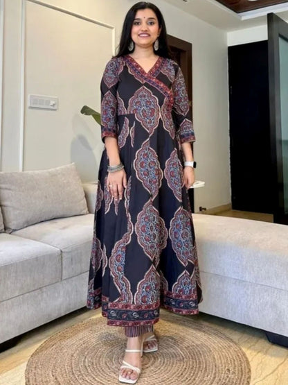 Black Cotton Anarkali Set with Traditional Block Print – Daily & Office Wear