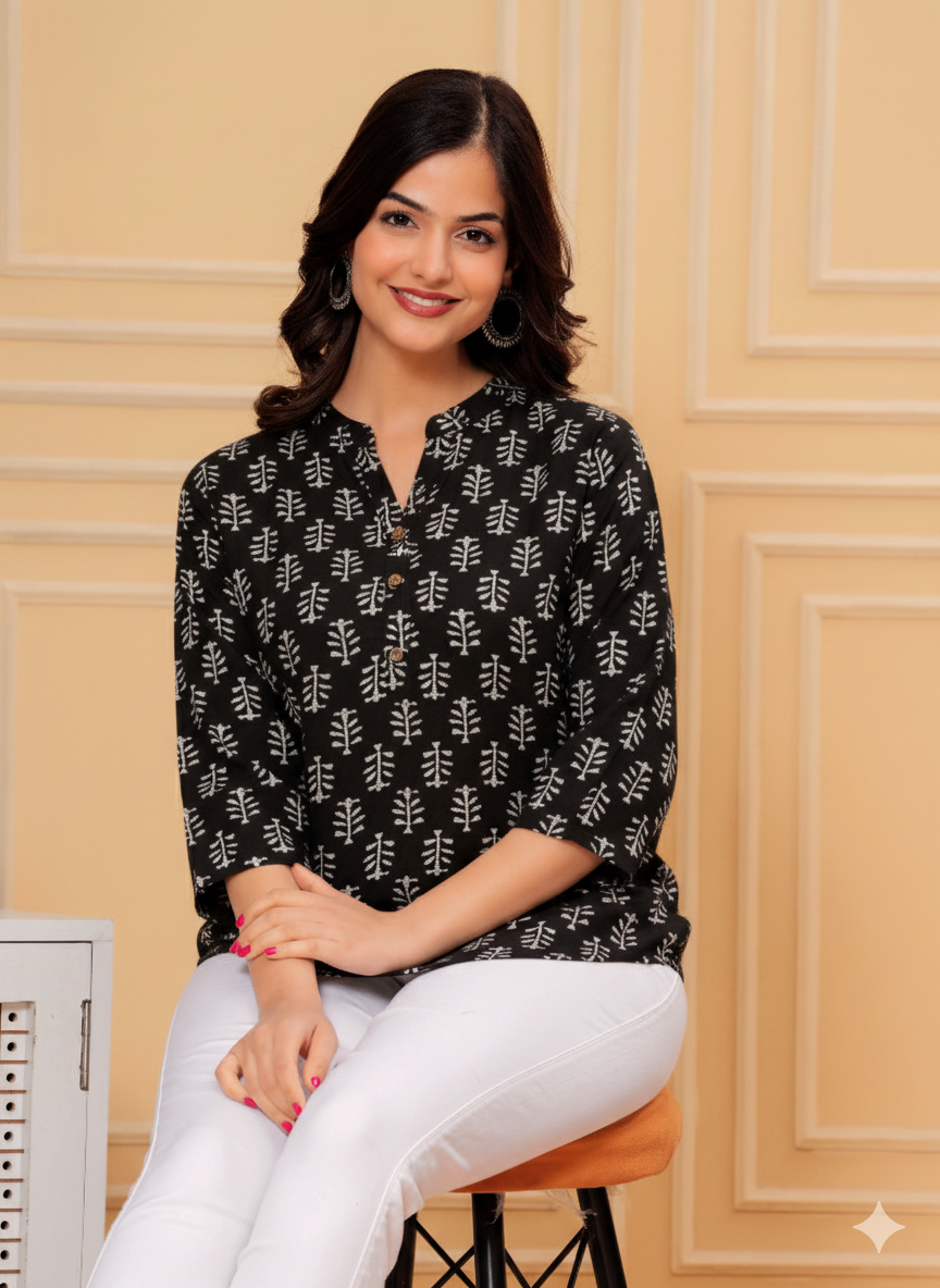 Black Cotton Printed Top – Everyday & Office Wear