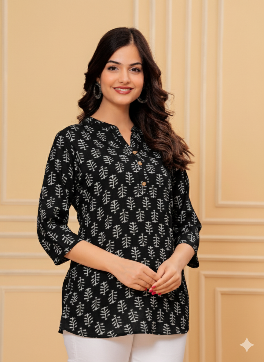 Black Cotton Printed Top – Everyday & Office Wear