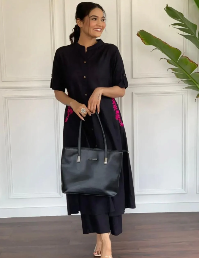 Black Cotton Slub Kurta and Palazzo Set with Pink Floral Embroidery