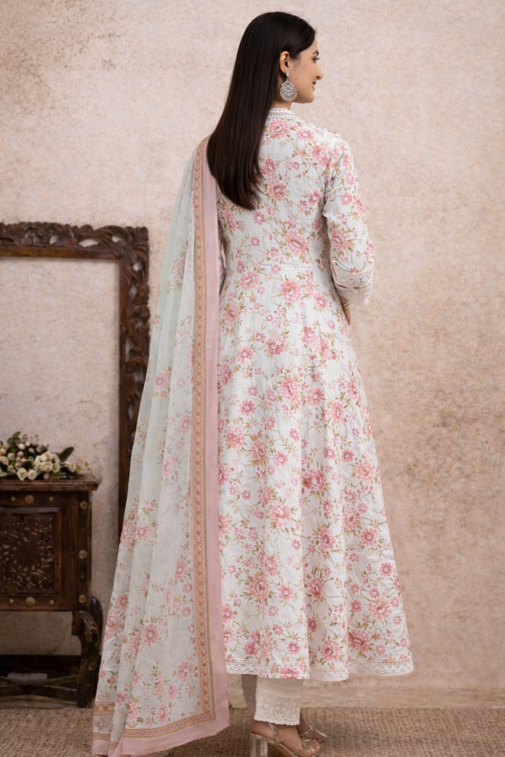 Mint Green Soft Cotton Kurta Set with Pink Floral Print – Elegant Day Wear