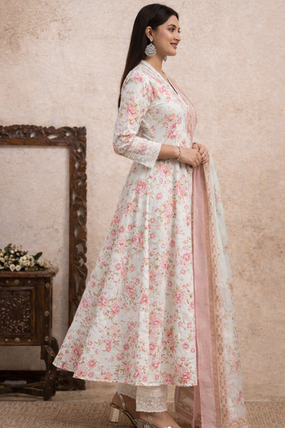 Mint Green Soft Cotton Kurta Set with Pink Floral Print – Elegant Day Wear
