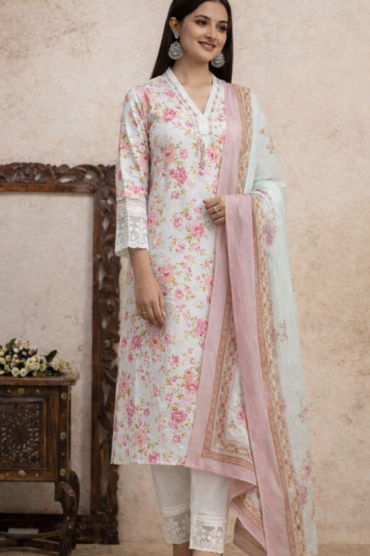 Mint Green Soft Cotton Kurta Set with Pink Floral Print – Elegant Day Wear