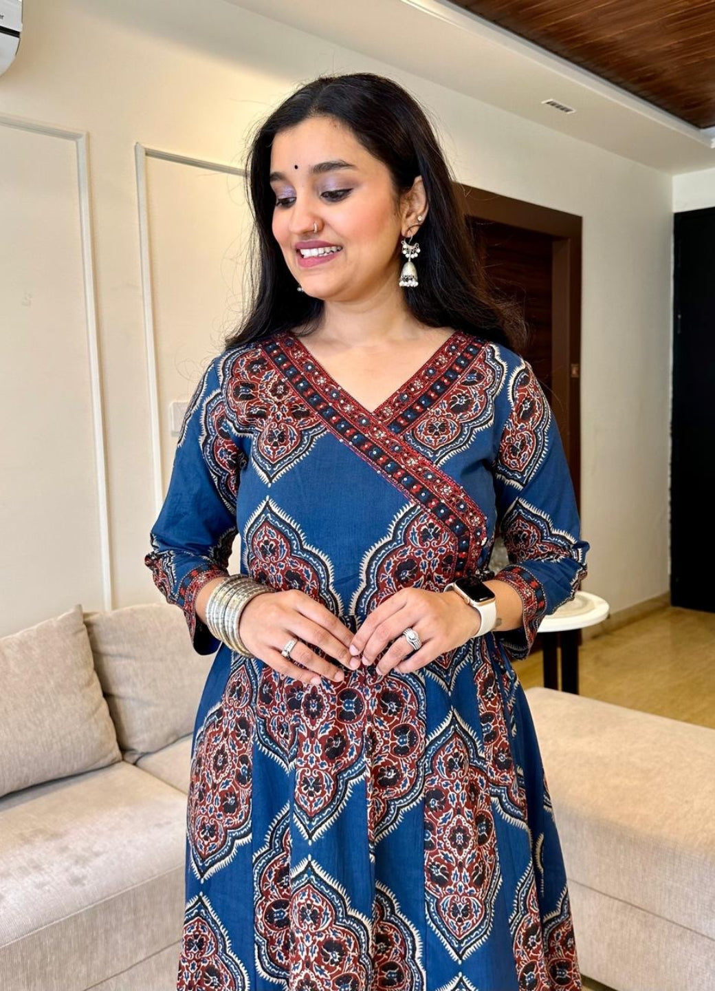 Navy Blue Cotton Anarkali Set with Traditional Block Print – Daily & Office Wear