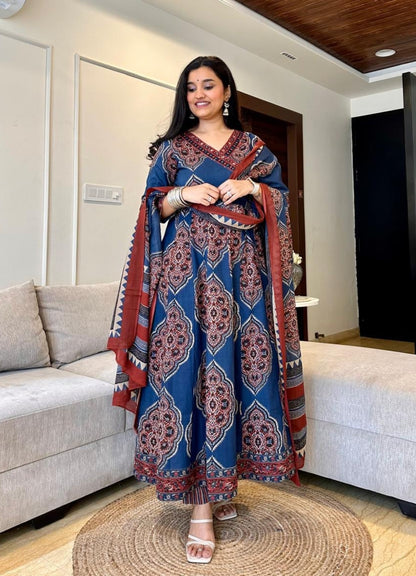 Navy Blue Cotton Anarkali Set with Traditional Block Print – Daily & Office Wear