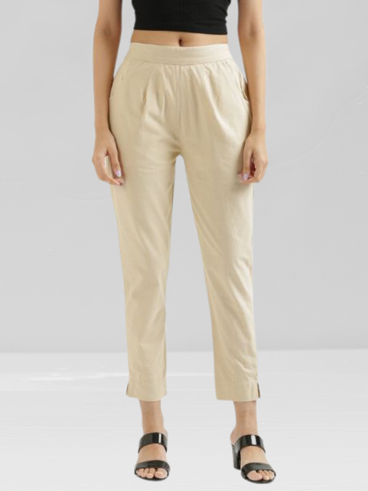 Off White Cotton Flex Pants with Side Pockets