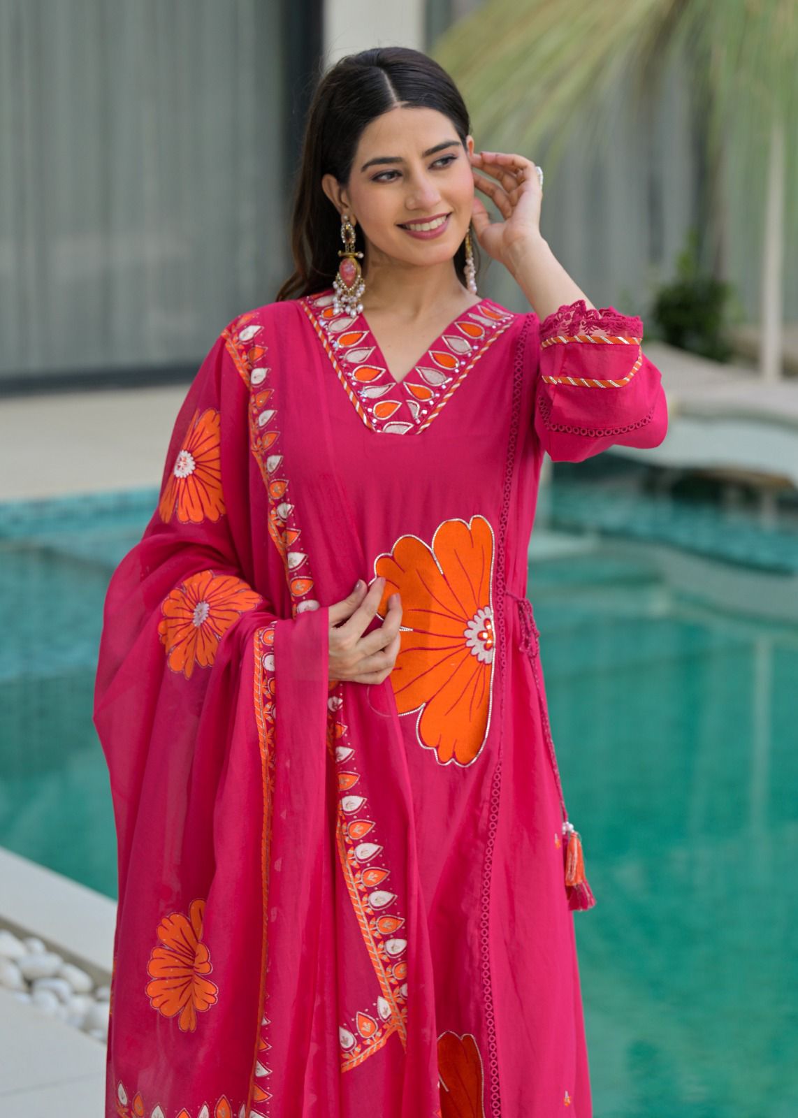 Pink Pure Cotton Kurta Set with Bold Applique Work – Festive & Casual Wear
