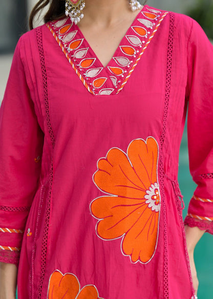 Pink Pure Cotton Kurta Set with Bold Applique Work – Festive & Casual Wear