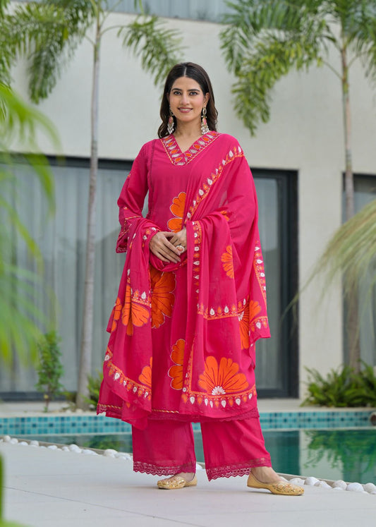 Pink Pure Cotton Kurta Set with Bold Applique Work – Festive & Casual Wear